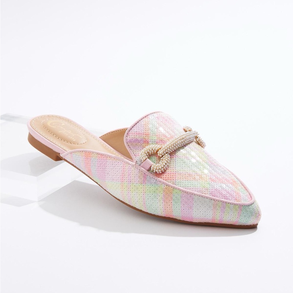Pastel Beaded Mules Shoes Tassel Detail Plaid Women’s Size 11 Slides